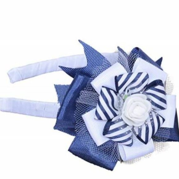 Girl's Headband Flower Design Indigo Blue & White with White Rose - Picture 2 of 2